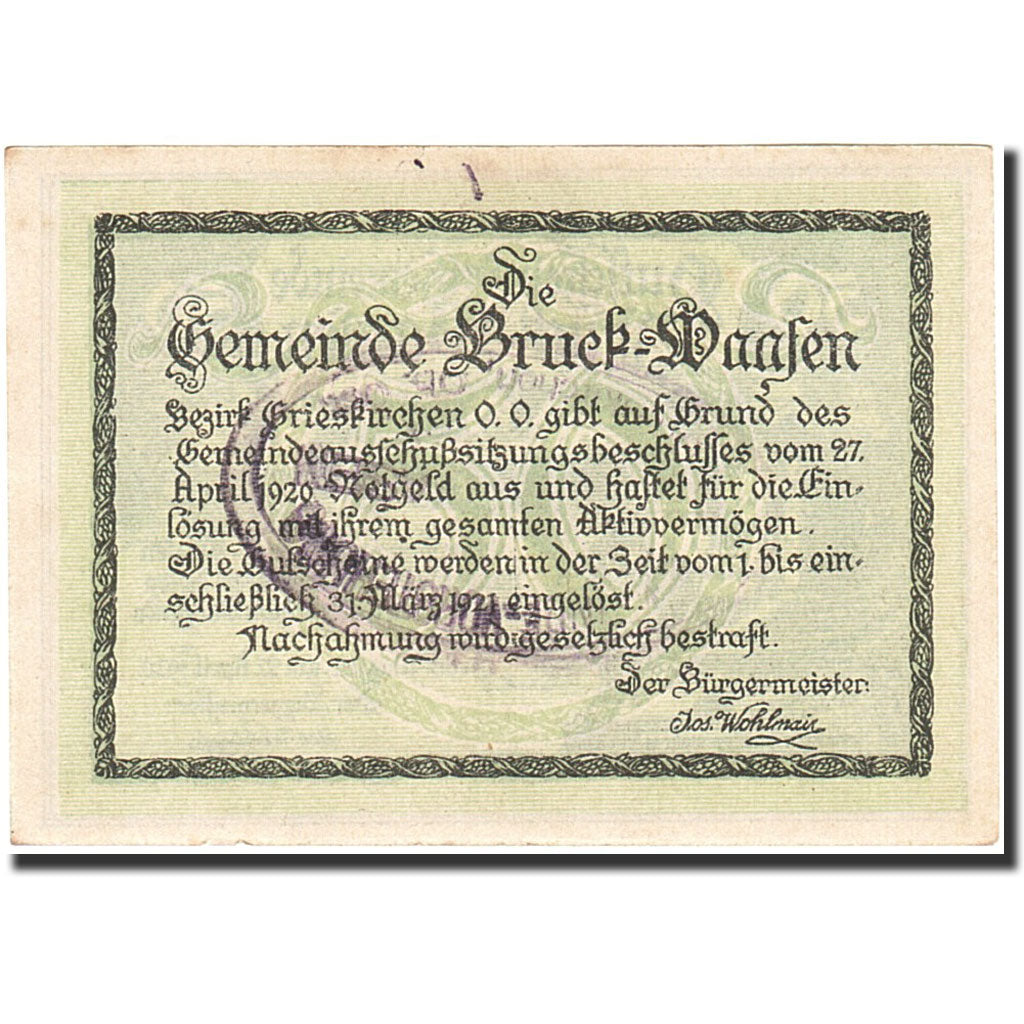 Banknote, Austria, Bruck-Waasen, 50 Heller, château, 1921, 1921-03-31
