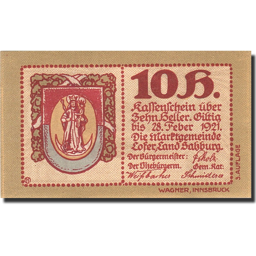 Banknote, Austria, Salzbourg, 10 Heller, Blason, 1921, 1921-02-28, UNC(65-70)