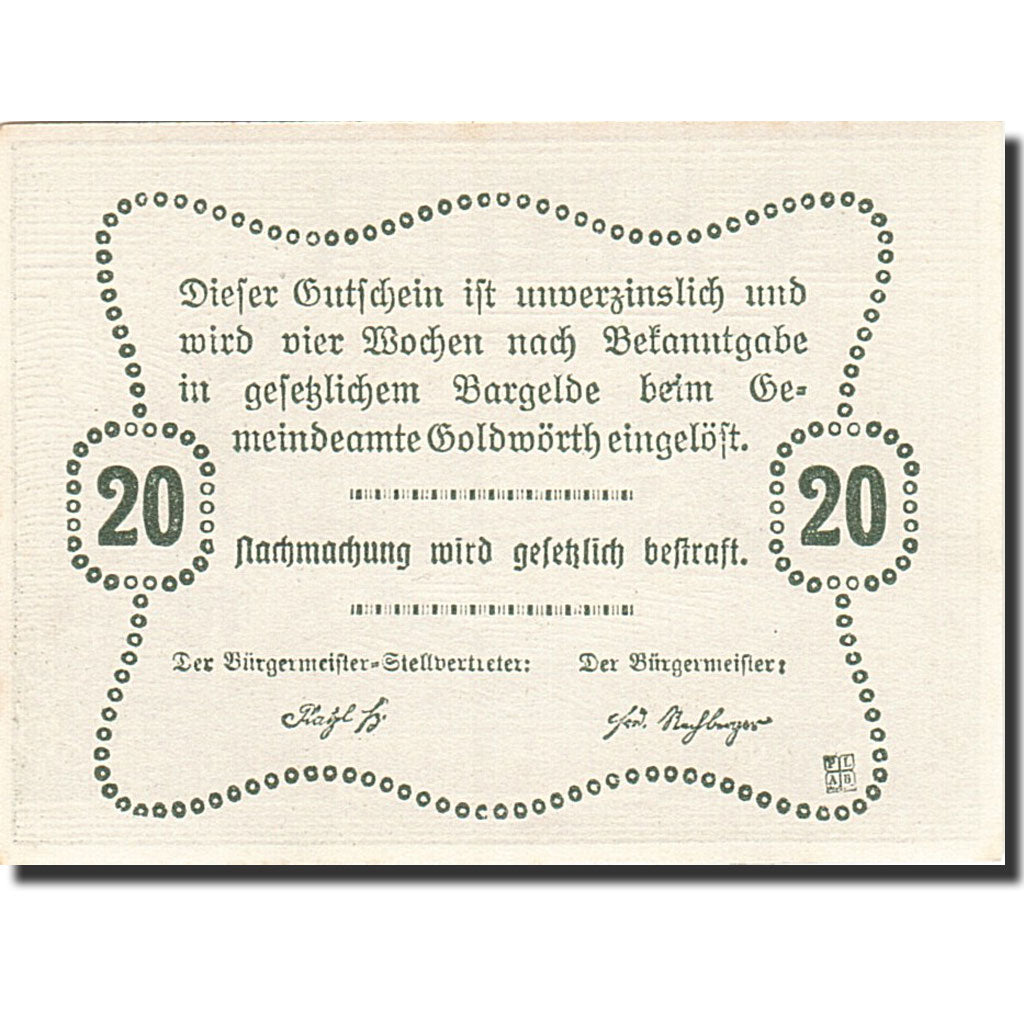 Banknote, Austria, Goldwörth, 20 Heller, ferme, 1920, 1920-12-31, UNC(64)