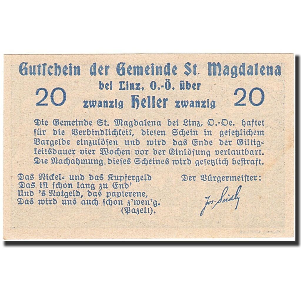 Banknote, Austria, Sankt Magdalena bei Linz, 20 Heller, village, 1920