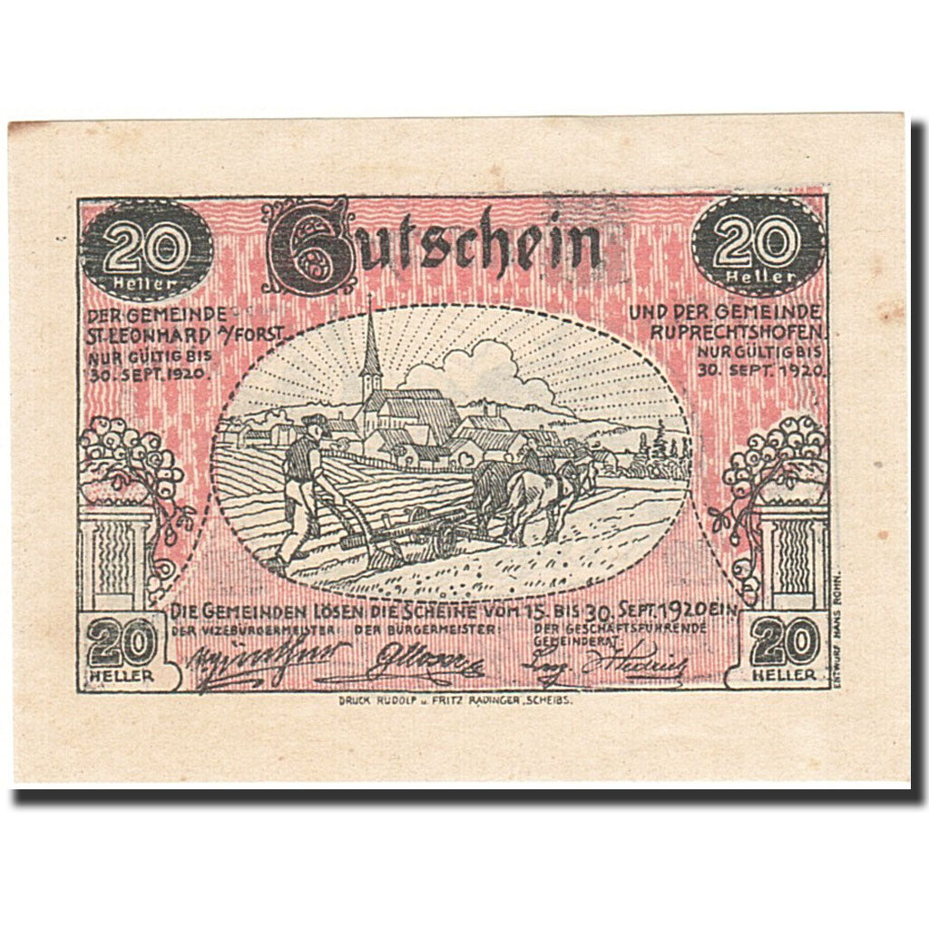 Banknote, Austria, Sankt Leonhard am Forst, 20 Heller, agriculteur, 1920