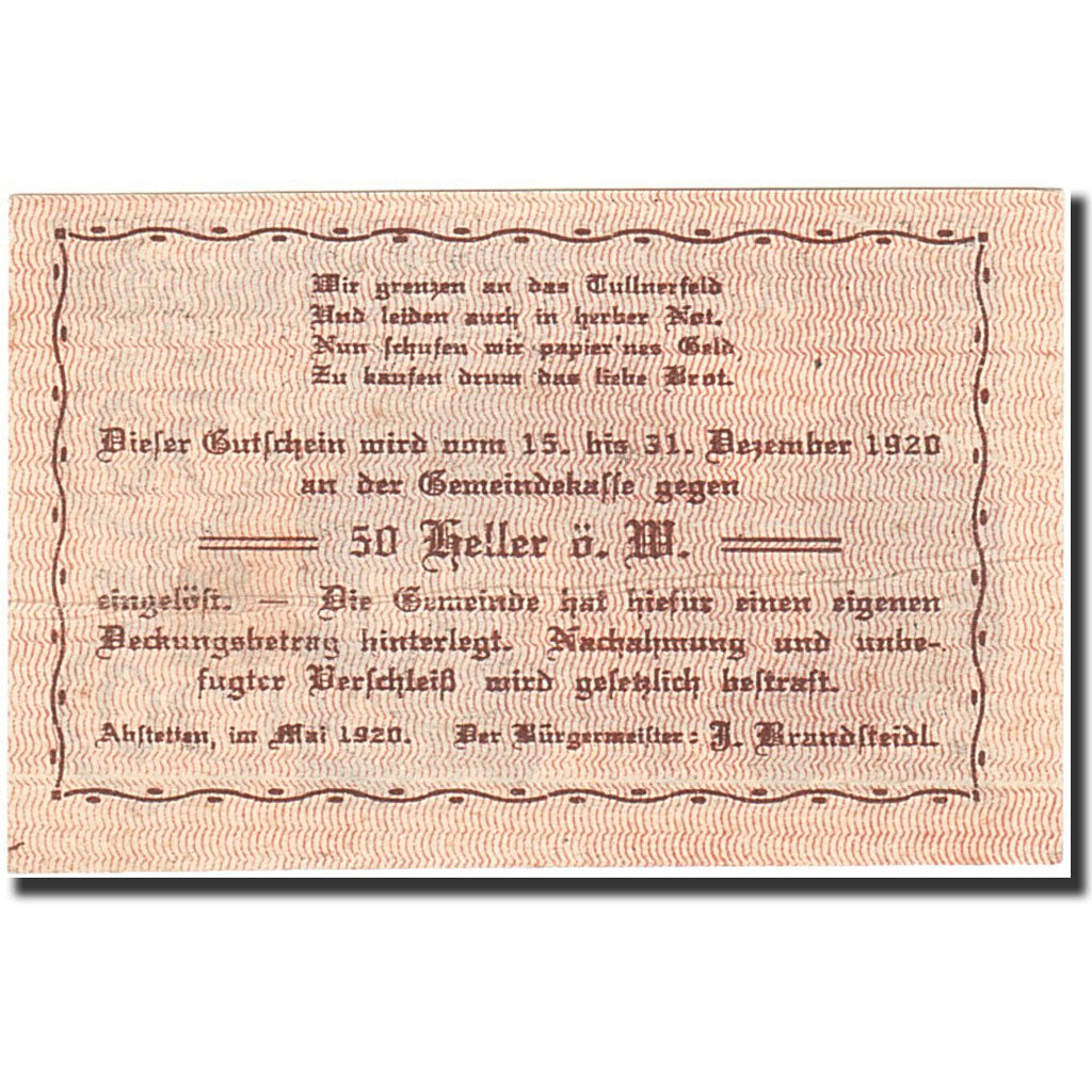 Banknote, Austria, Amstetten, 50 Heller, village, 1920, 1920-12-31, EF(40-45)