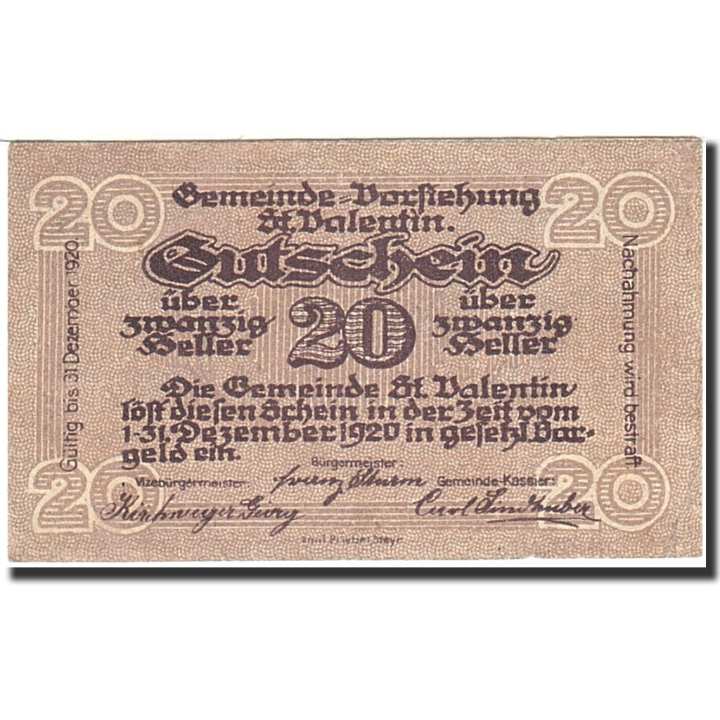 Banknote, Austria, Sankt Valentin, 20 Heller, valeur faciale, 1920, 1920-12-31