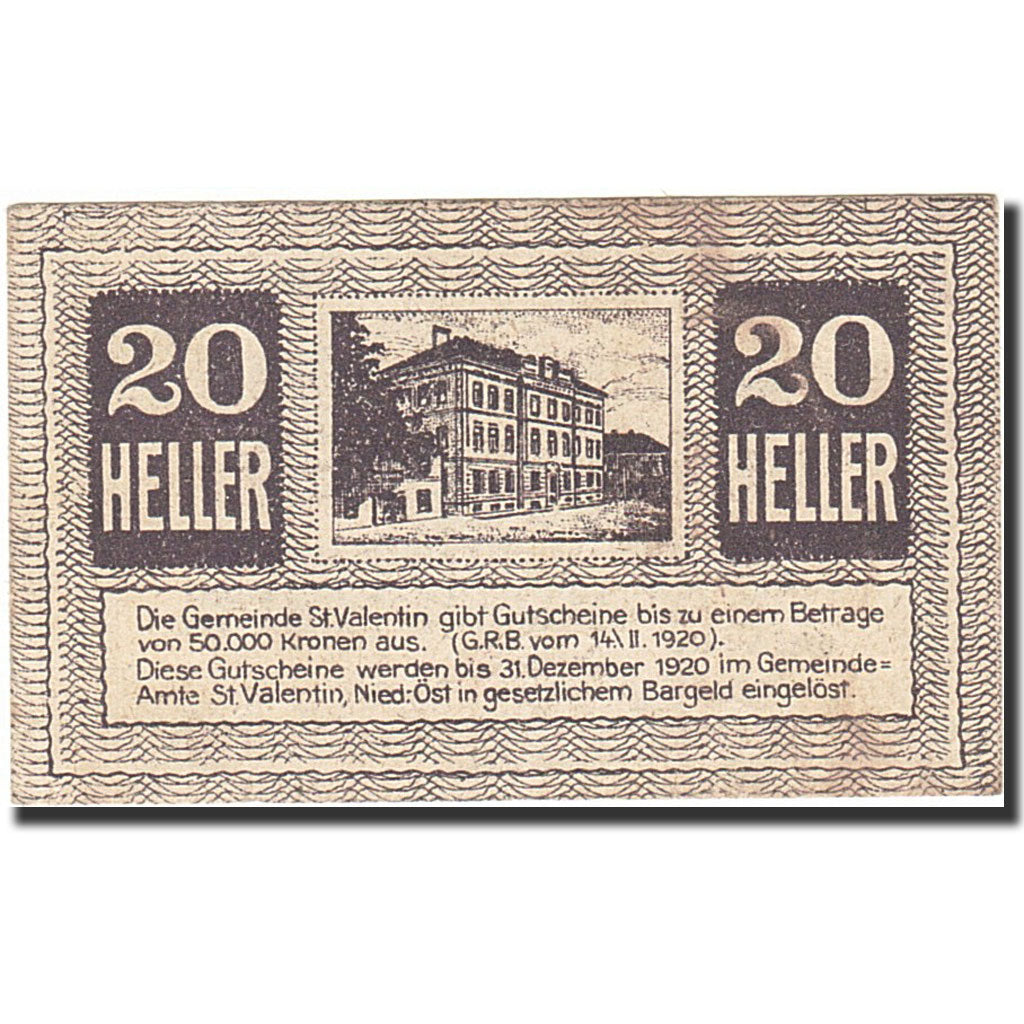 Banknote, Austria, Sankt Valentin, 20 Heller, valeur faciale, 1920, 1920-12-31