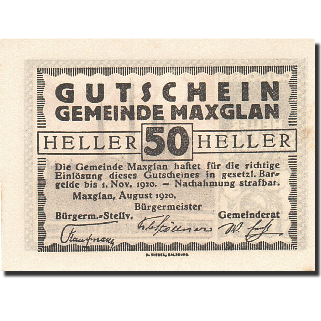 Banknote, Austria, Maxglan, 50 Heller, Usine, 1920, 1920-11-01, UNC(65-70)