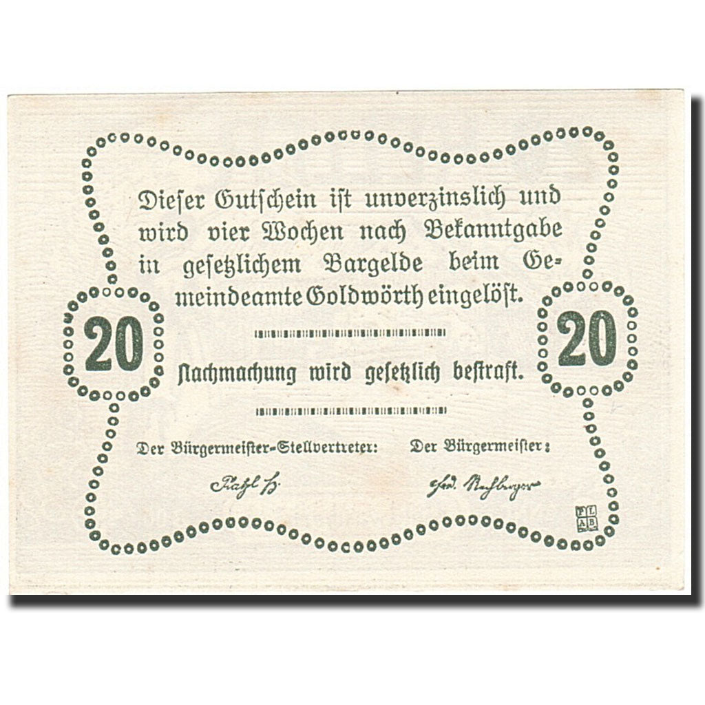 Banknote, Austria, Goldwörth, 20 Heller, agriculteur, 1920, 1920-12-31, UNC(64)
