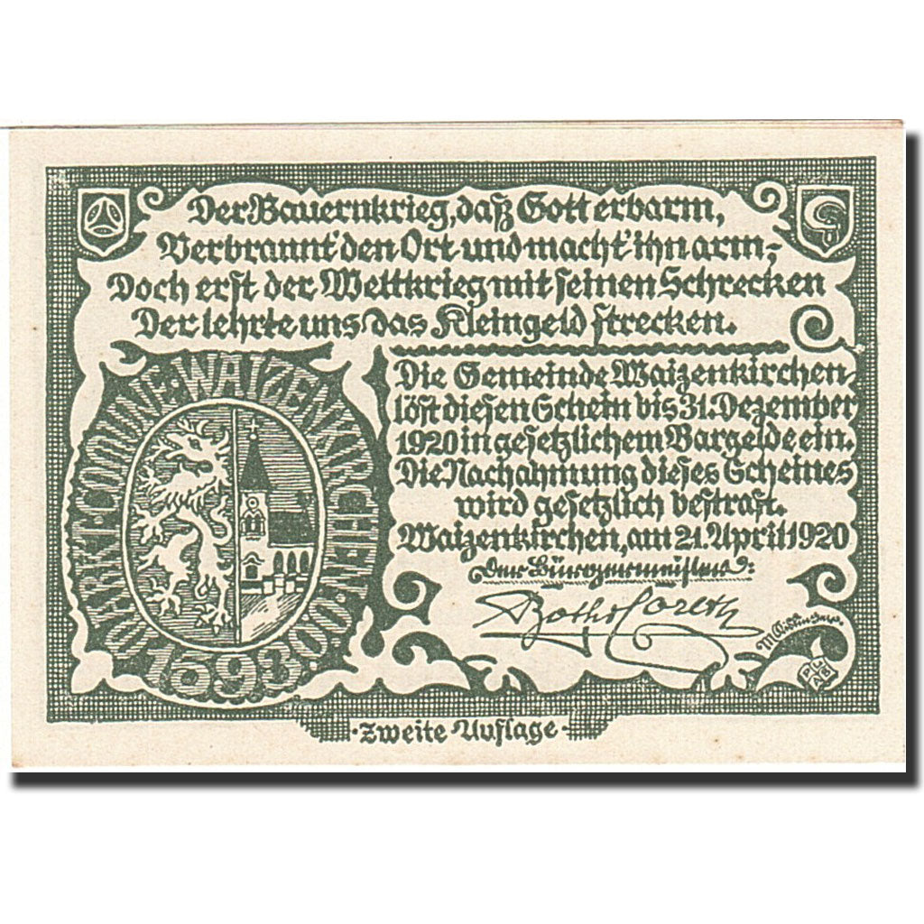 Banknote, Austria, Waizenkirchen, 10 Heller, château, 1920, 1920-04-21, UNC(64)