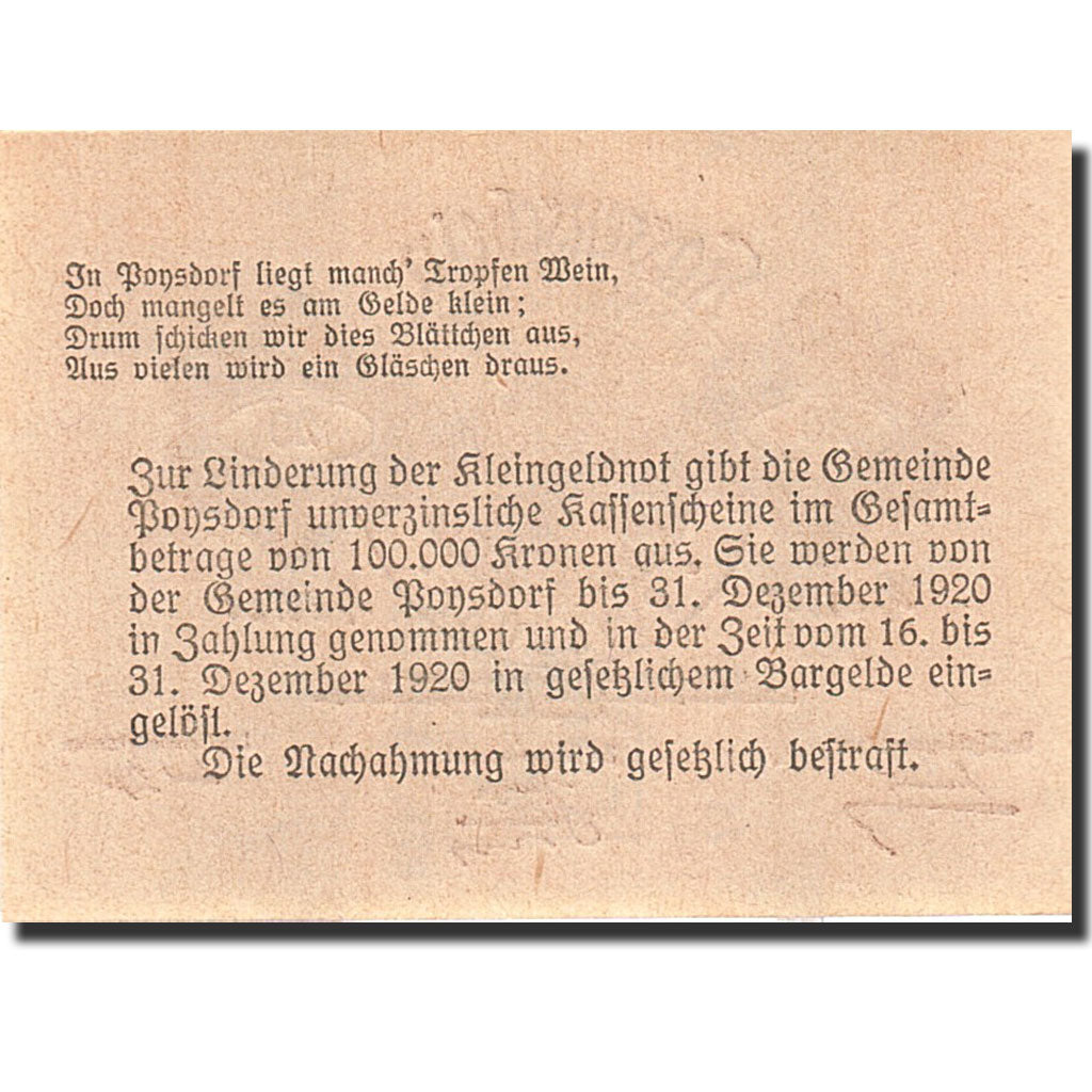 Billet, Autriche, Poysdorf, 20 Heller, valeur faciale, 1920, 1920-12-31, SPL+