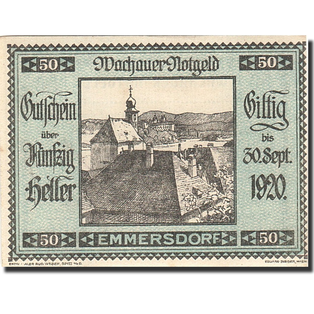 Banknote, Austria, Emmersdorf an der Donau, 50 Heller, village, 1920