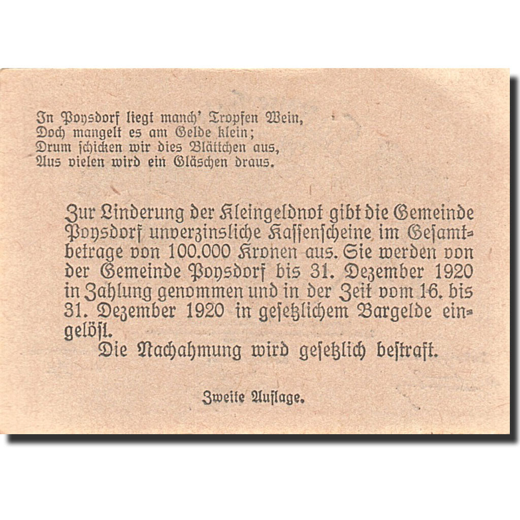 Banknote, Austria, Poysdorf, 10 Heller, valeur faciale, 1920, 1920-12-31