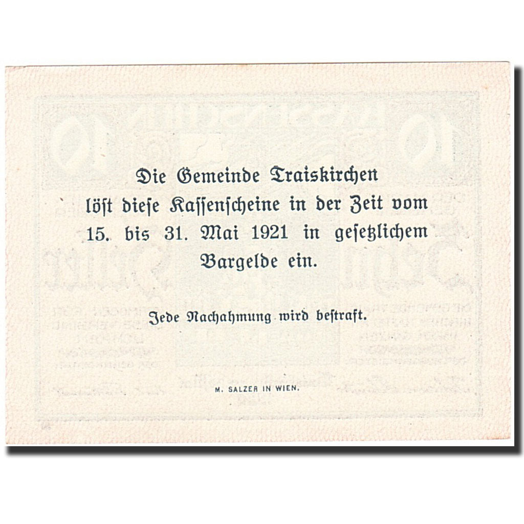 Banknote, Austria, Traiskirchen, 10 Heller, Monument, 1921, 1921-05-31, UNC(63)