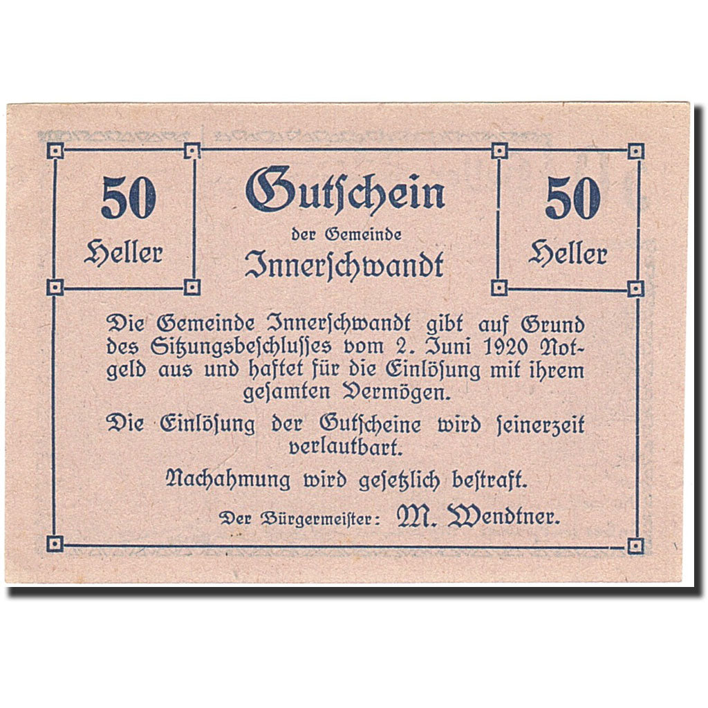 Banconote, Austria, Innerschwand, 50 Heller, belvédère, 1920, 1920-06-02, SPL