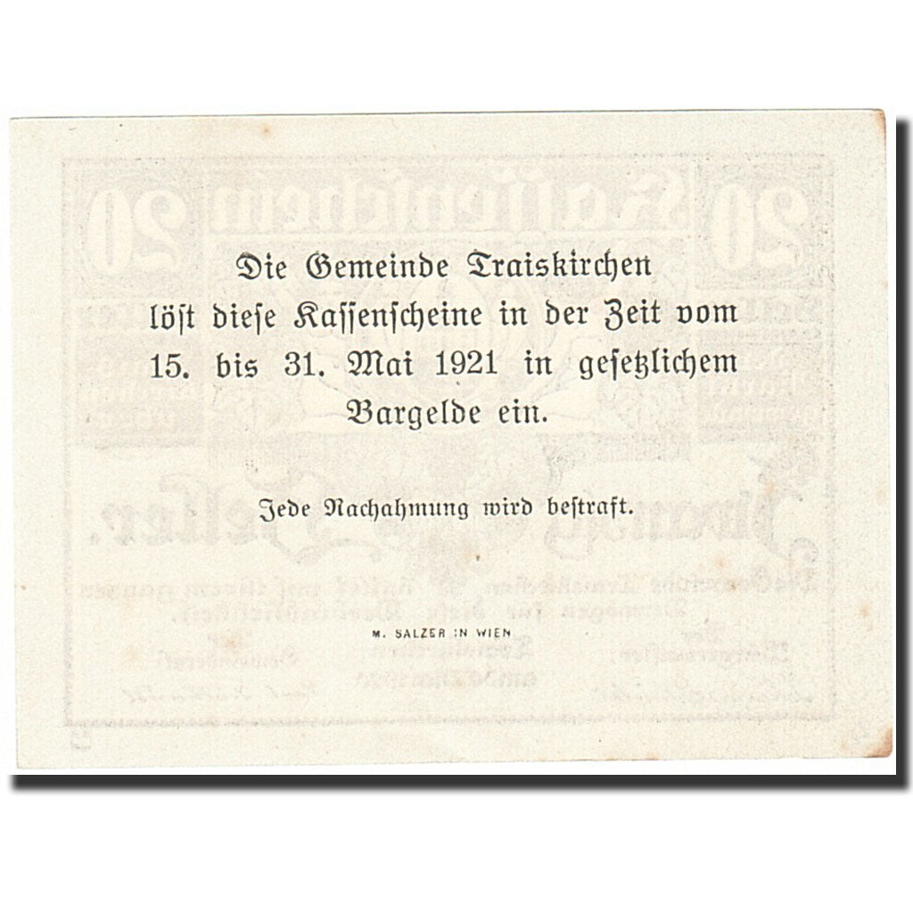 Banknote, Austria, Traiskirchen, 20 Heller, Blason, 1921, 1921-05-31, AU(55-58)