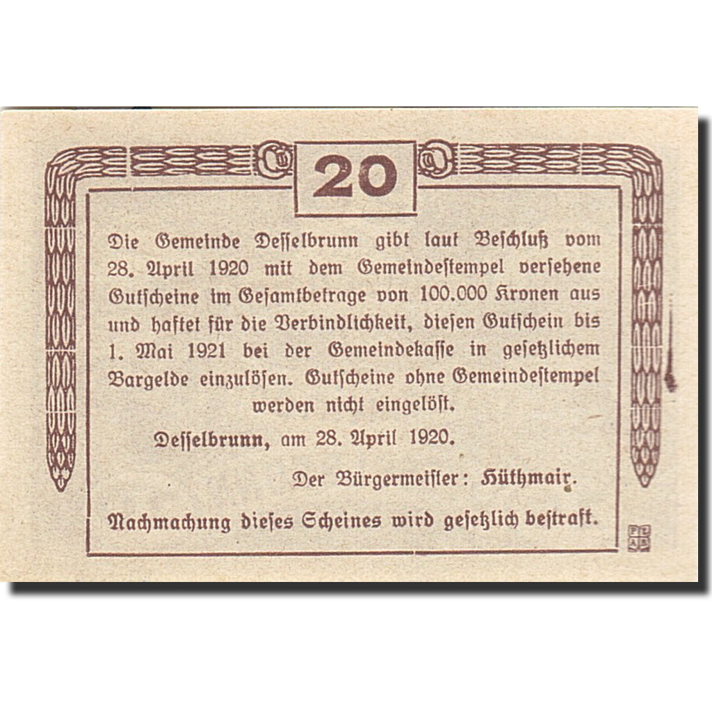 Banknote, Austria, Desselbrunn, 20 Heller, Monument, 1921, 1921-05-01