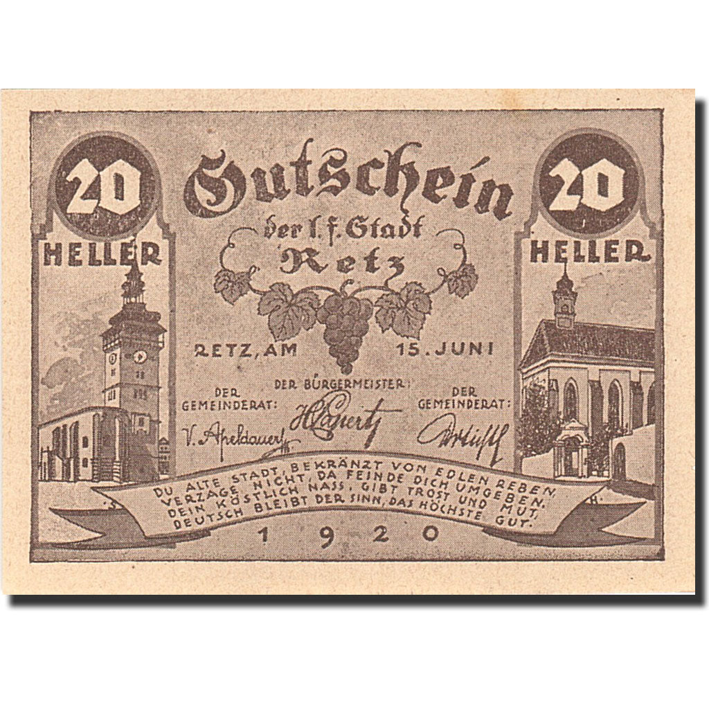 Banknote, Austria, Retz, 20 Heller, Monument, 1920, 1920-09-30, UNC(64)
