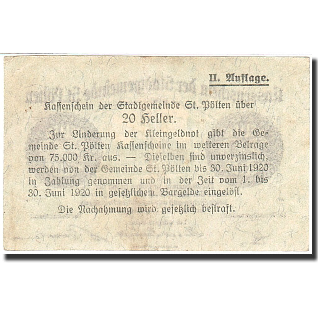 Banknote, Austria, Sankt Polten, 20 Heller, Monument, 1920, 1920-06-30