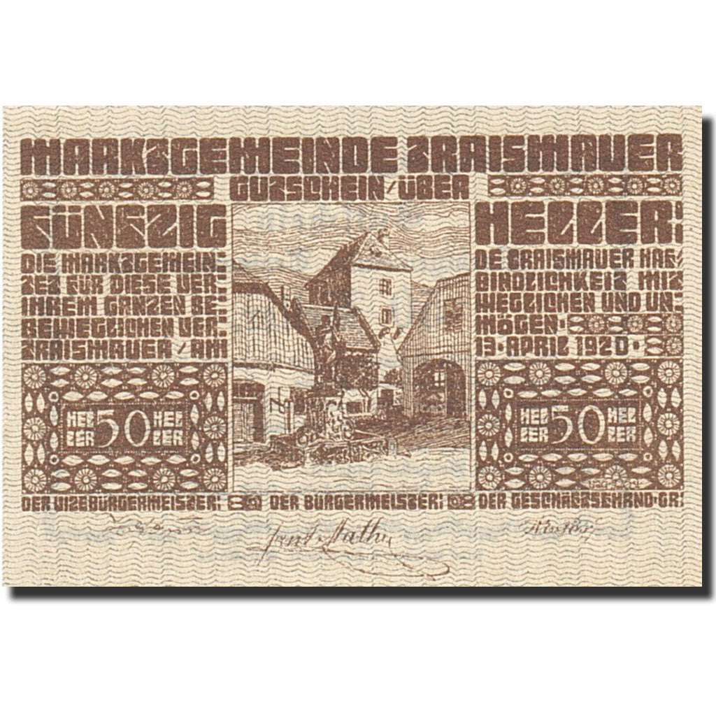 Banknote, Austria, Traismauer, 50 Heller, Monument, 1920, 1920-12-31, UNC(65-70)