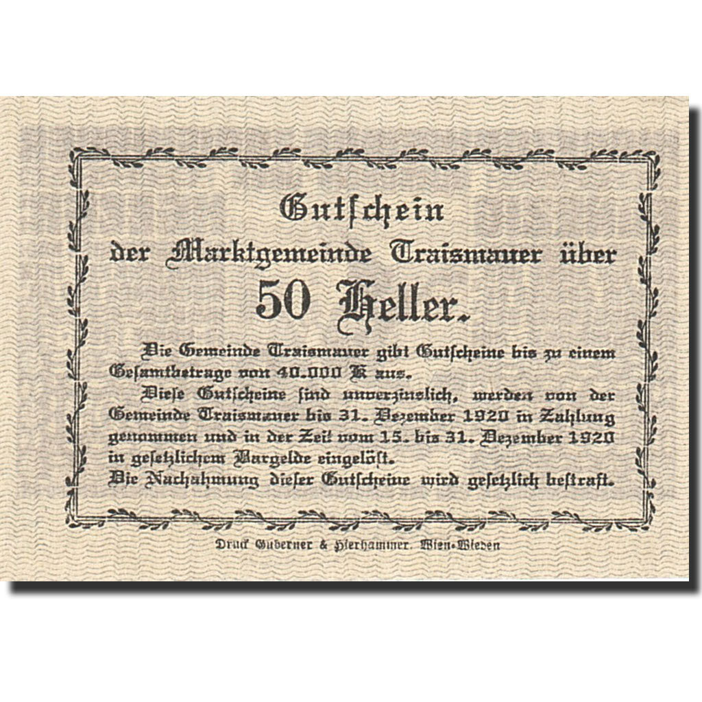 Banknote, Austria, Traismauer, 50 Heller, Monument, 1920, 1920-12-31, UNC(65-70)