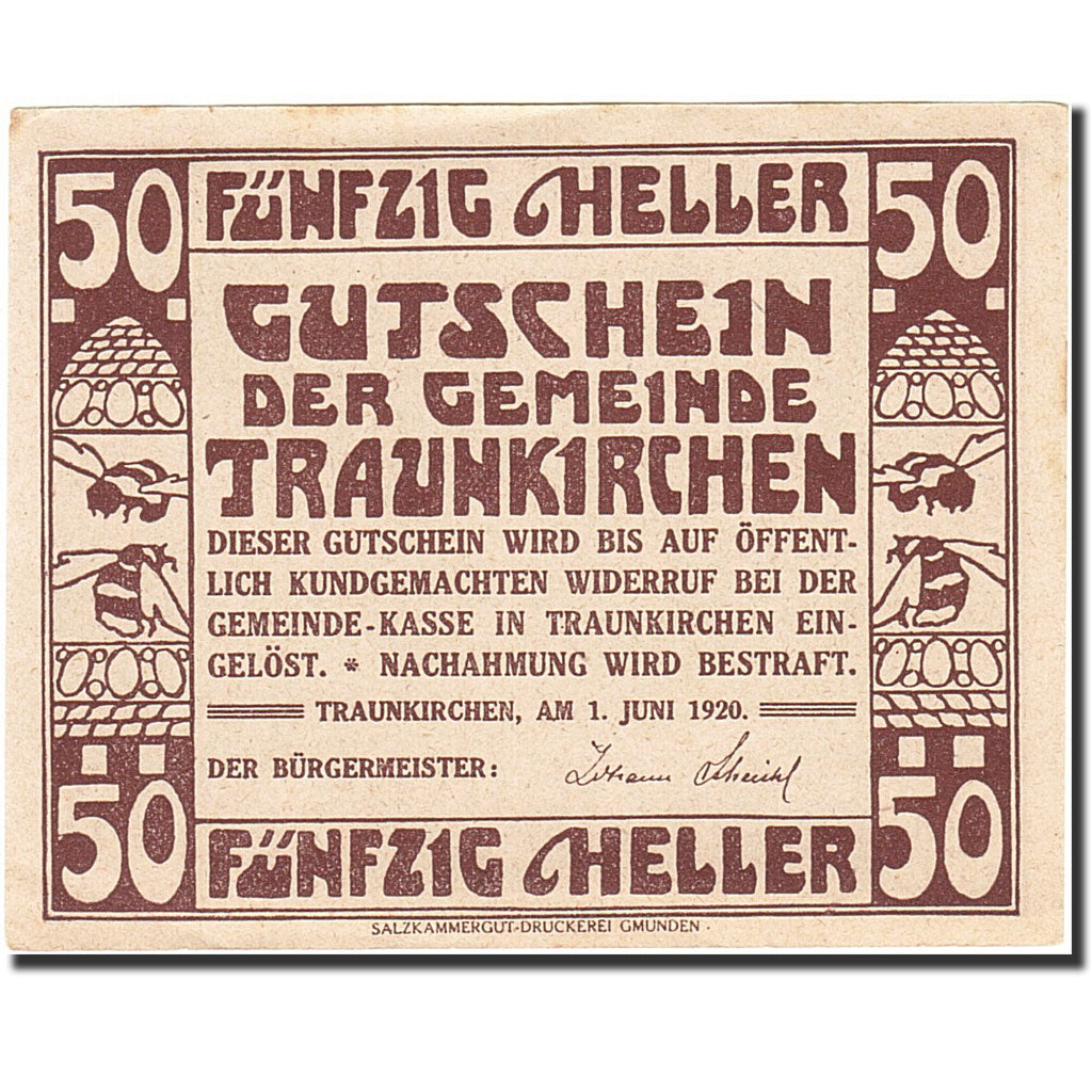 Banknote, Austria, Traunkirchen, 50 Heller, bateau, 1920, 1920-06-01, AU(55-58)