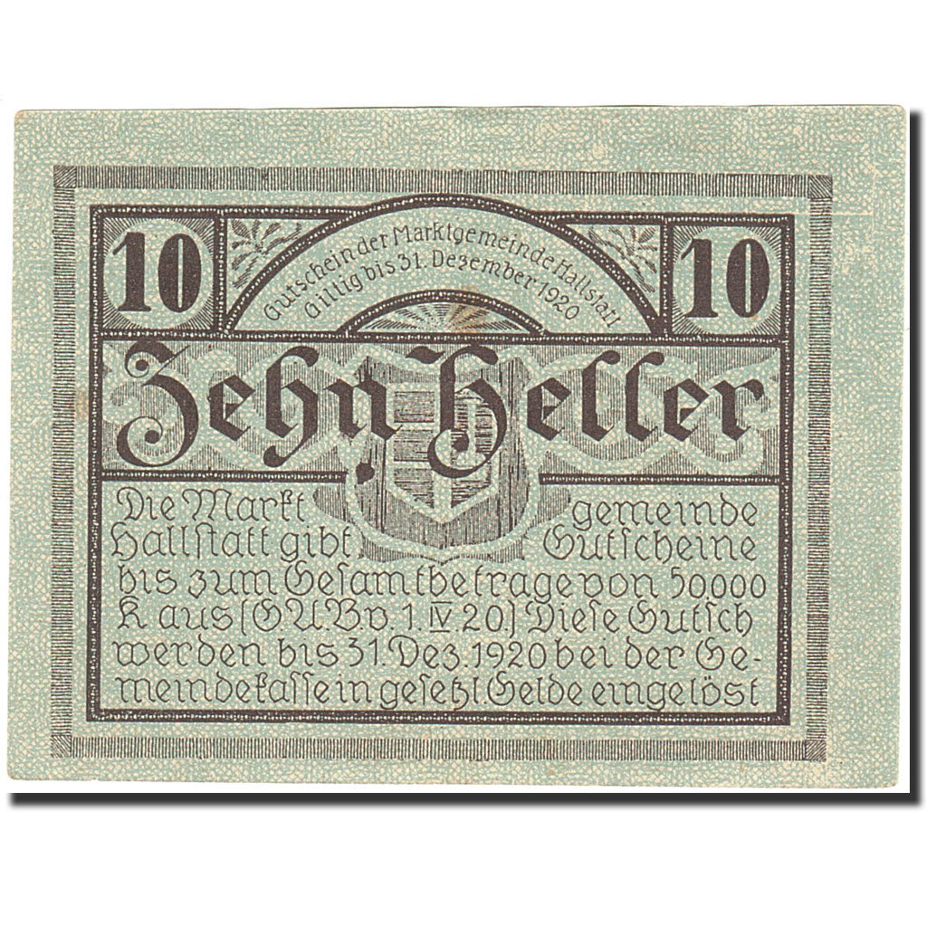 Banknote, Austria, Hallstatt, 10 Heller, château, 1920, 1920-12-31, AU(50-53)
