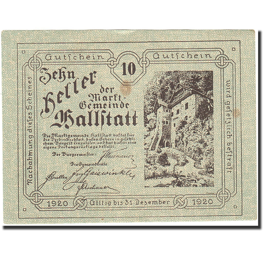 Banknote, Austria, Hallstatt, 10 Heller, château, 1920, 1920-12-31, AU(50-53)