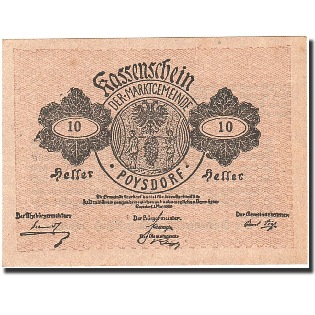 Banknote, Austria, Poysdorf, 10 Heller, Blason, 1920, 1920-12-31, UNC(60-62)