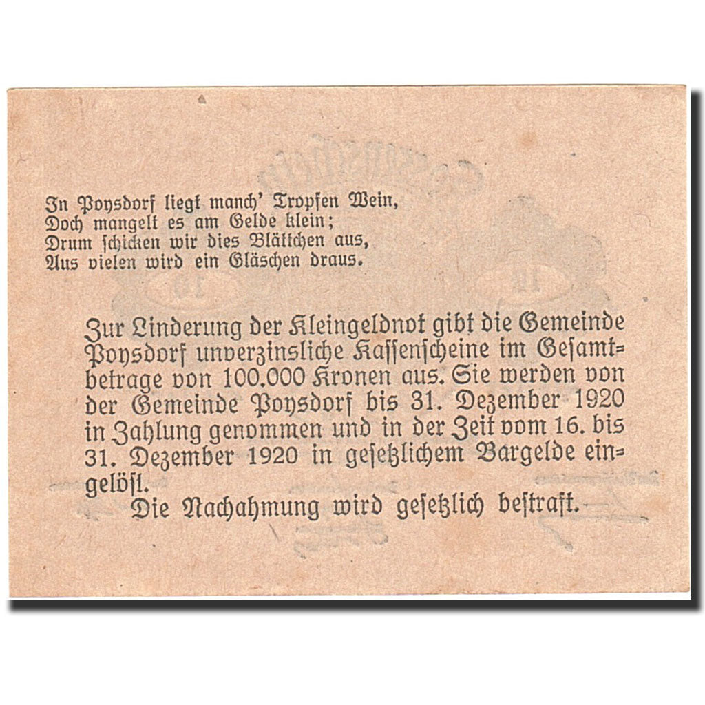 Banknote, Austria, Poysdorf, 10 Heller, Blason, 1920, 1920-12-31, UNC(60-62)