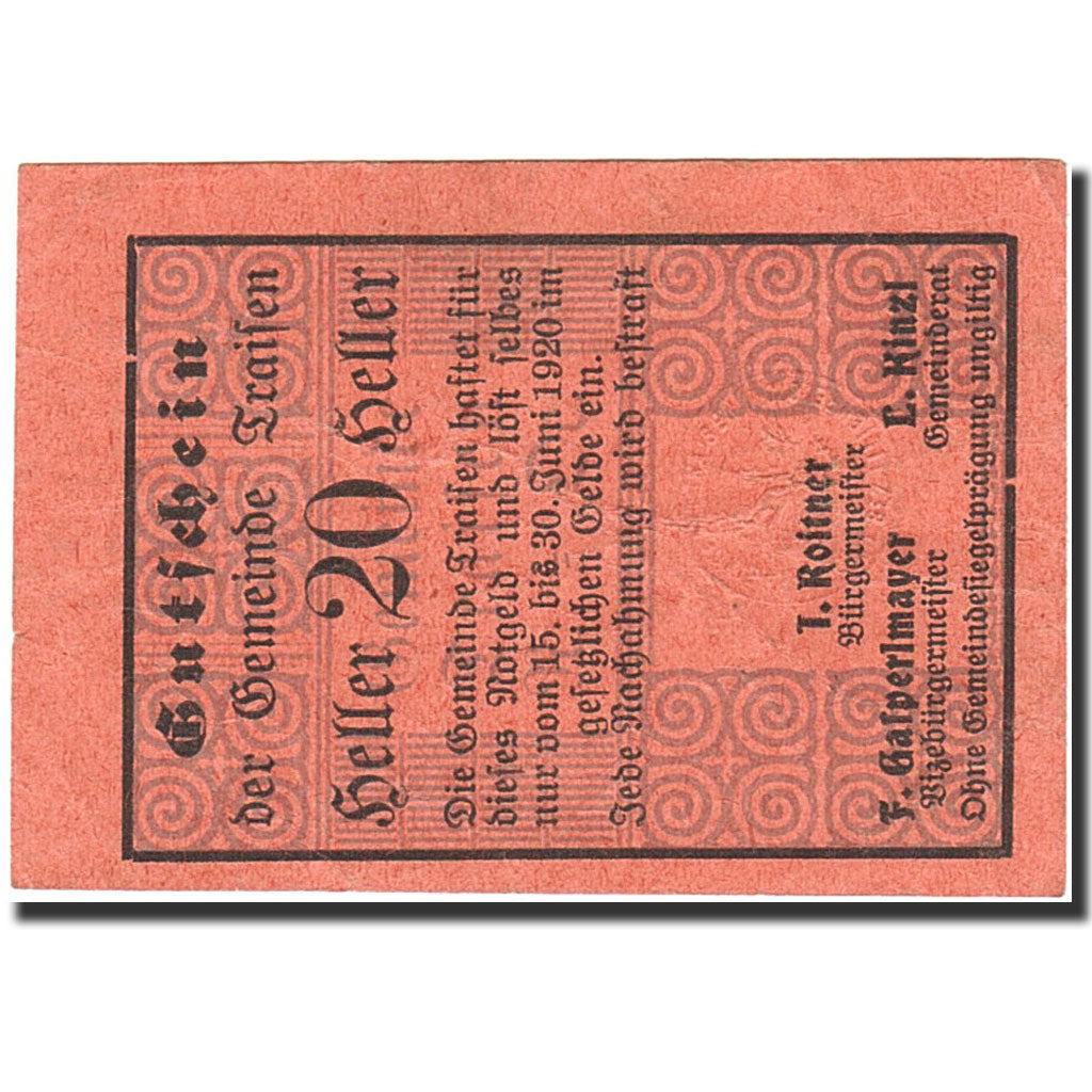 Banknote, Austria, Traisen, 20 Heller, valeur faciale, 1920, 1920-06-30