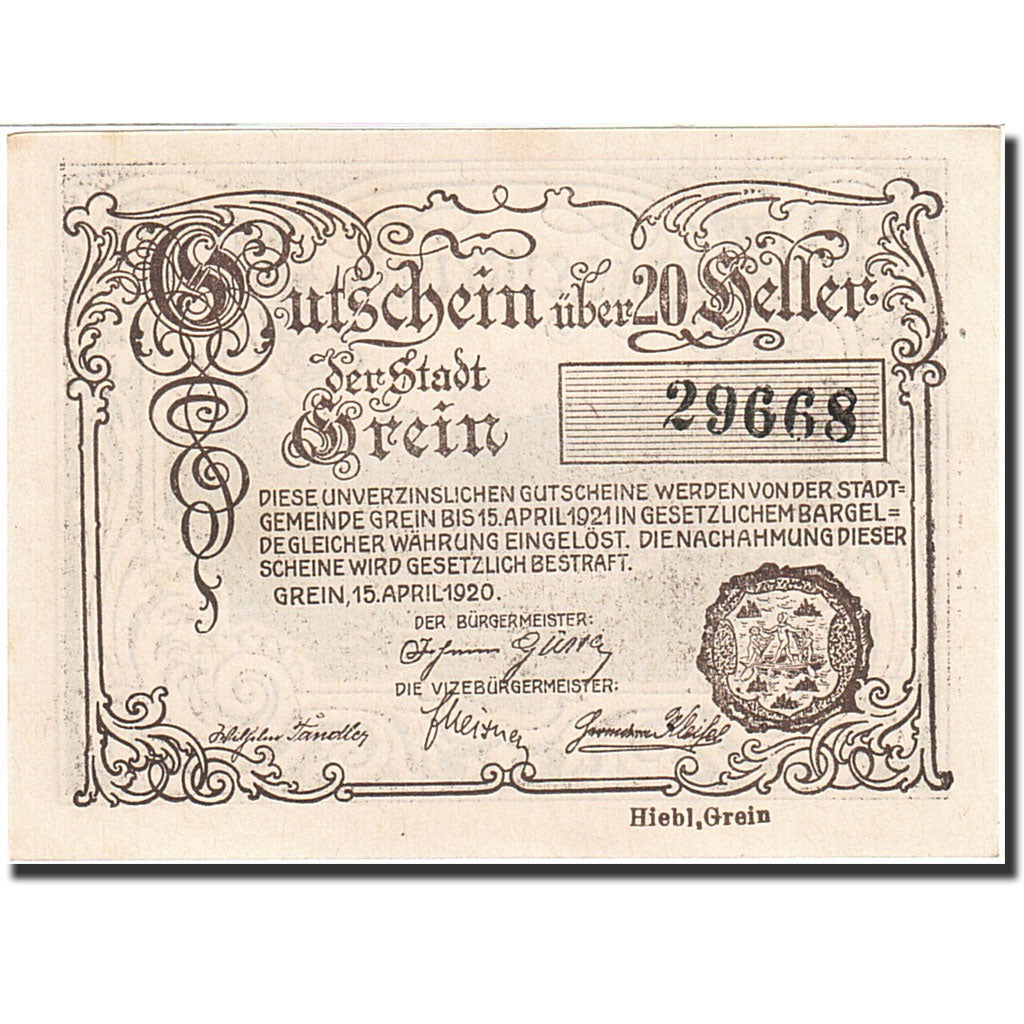 Banknote, Austria, Grein, 20 Heller, paysage, 1921, 1921-04-15, UNC(64)