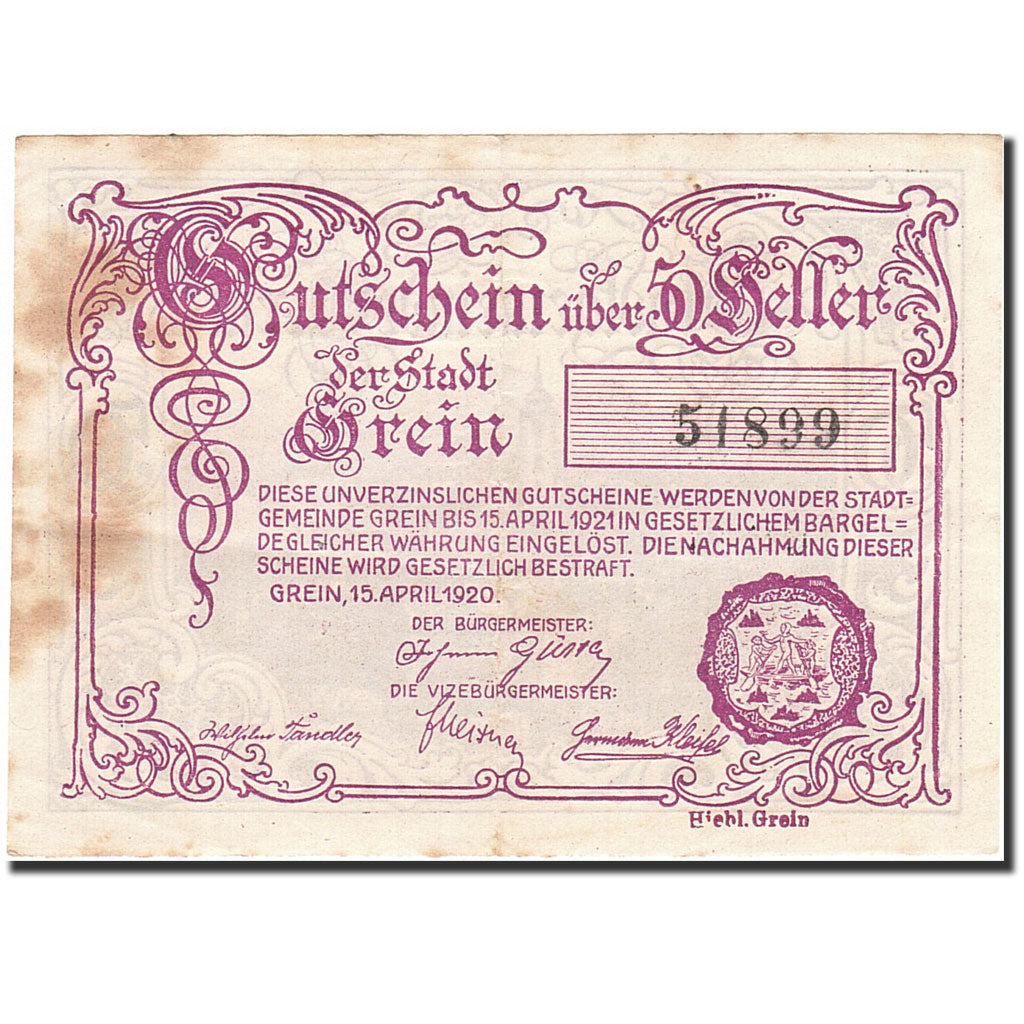 Banknote, Austria, Grein, 50 Heller, village, 1921, 1921-04-15, EF(40-45)