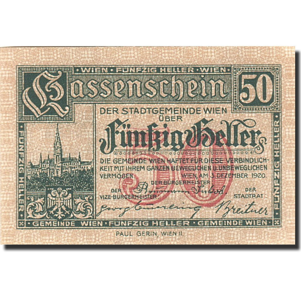 Banknote, Austria, Vienne, 50 Heller, château, 1921, 1920-12-31, UNC(65-70)