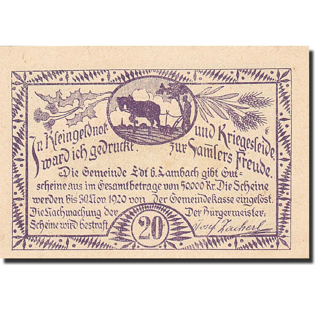 Banknote, Austria, Lambach, 20 Heller, agriculteur, 1920, 1920-11-30, UNC(65-70)