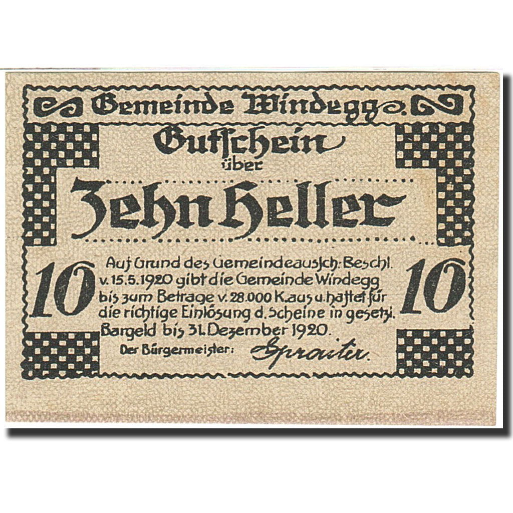 Banknote, Austria, Windegg, 10 Heller, valeur faciale, 1920, 1920-12-31, UNC(64)