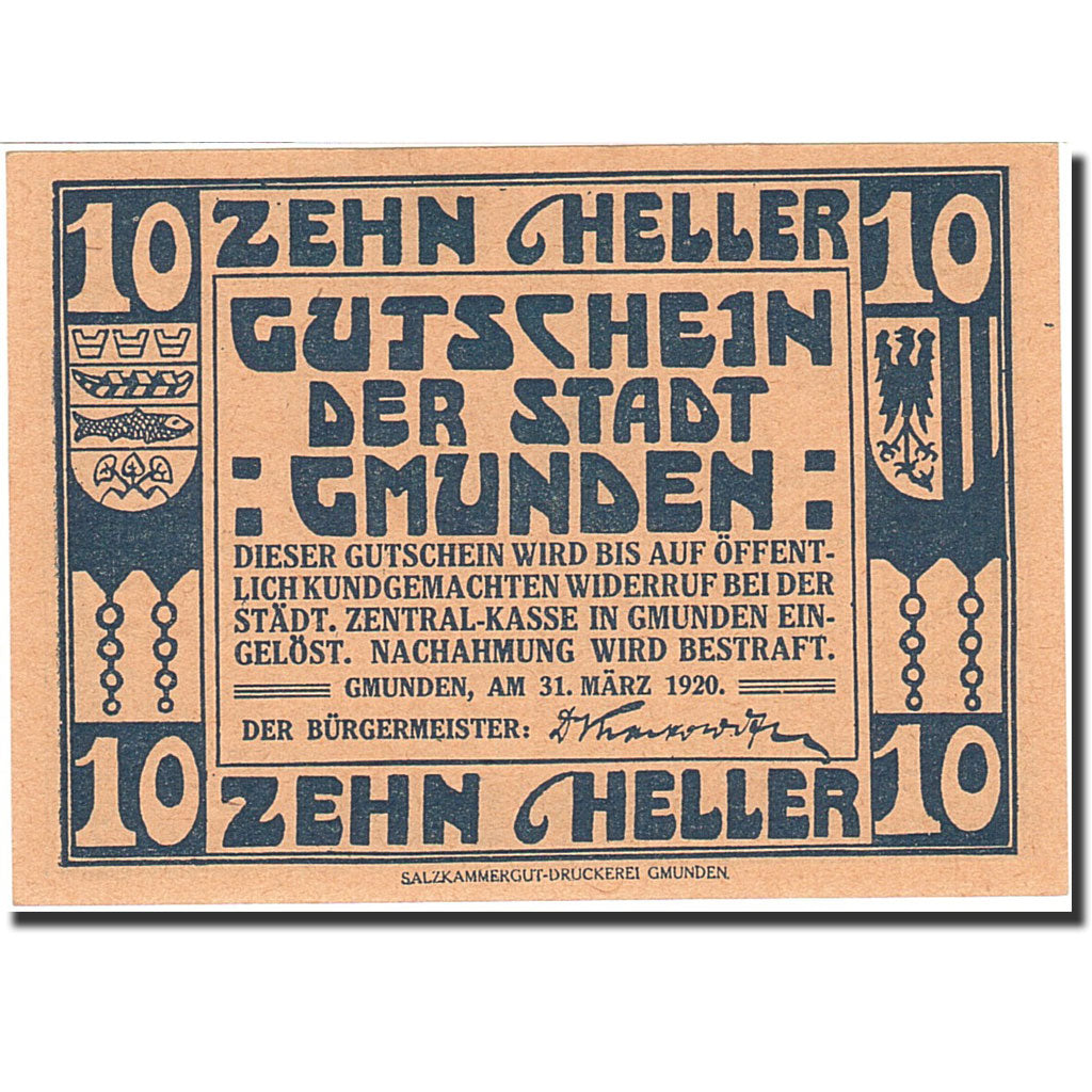 Banknote, Austria, Gmunden, 10 Heller, bateau, 1920, 1920-03-31, UNC(64)
