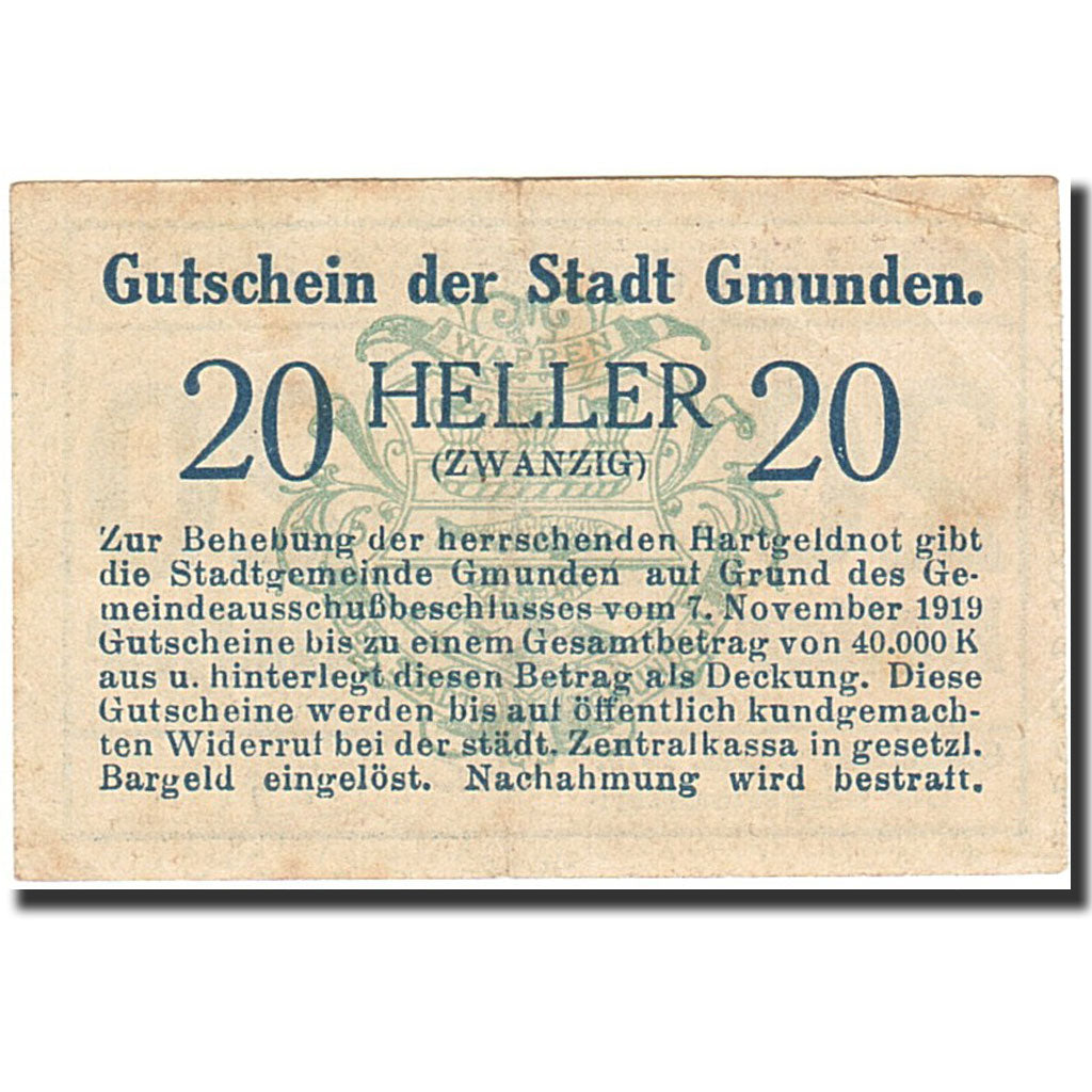 Banknote, Austria, Gmunden, 20 Heller, Batiment, 1919, 1919-12-01, EF(40-45)