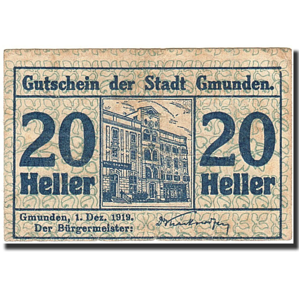Banknote, Austria, Gmunden, 20 Heller, Batiment, 1919, 1919-12-01, VF(20-25)