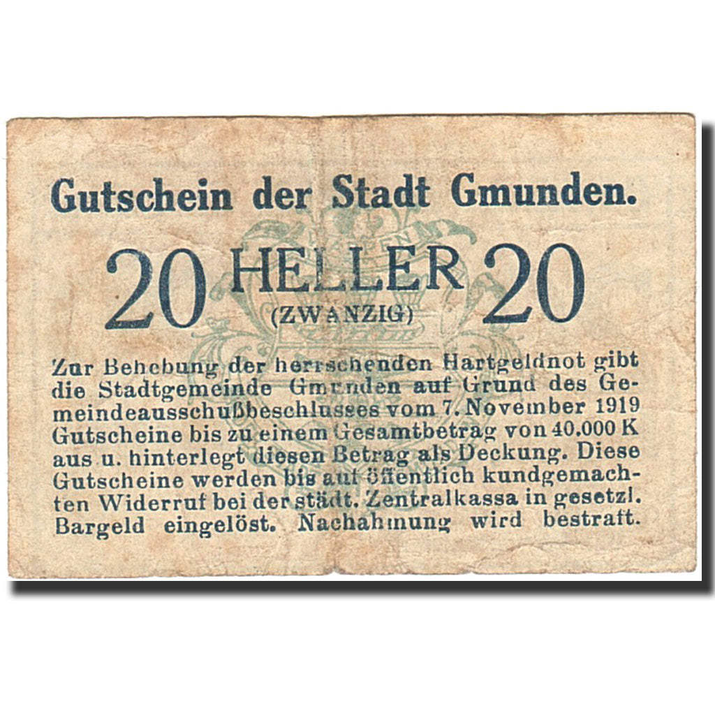Banknote, Austria, Gmunden, 20 Heller, Batiment, 1919, 1919-12-01, VF(20-25)
