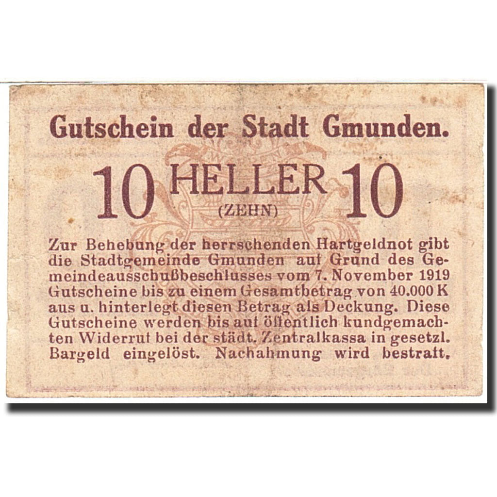 Banknote, Austria, Gmunden, 10 Heller, Batiment, 1919, 1919-12-01, VF(30-35)
