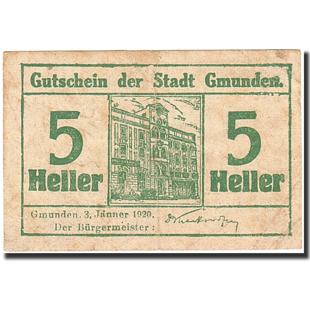 Banknote, Austria, Gmunden, 5 Heller, Batiment, 1920, 1920-01-03, F(12-15)