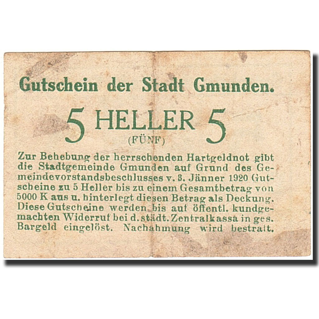 Banknote, Austria, Gmunden, 5 Heller, Batiment, 1920, 1920-01-03, F(12-15)