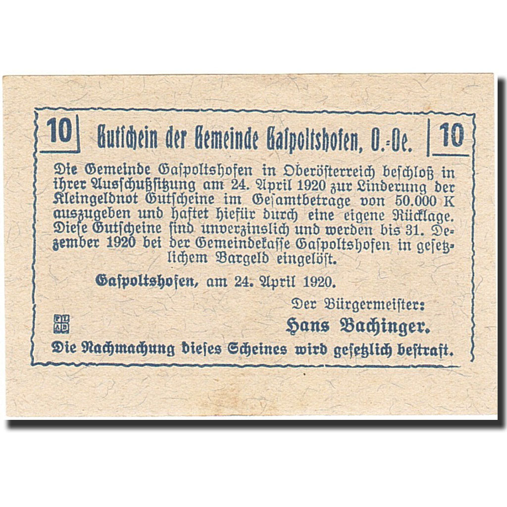 Banconote, Austria, Gaspoltshofen, 10 Heller, agriculteur, 1920, 1920-12-31, FDS