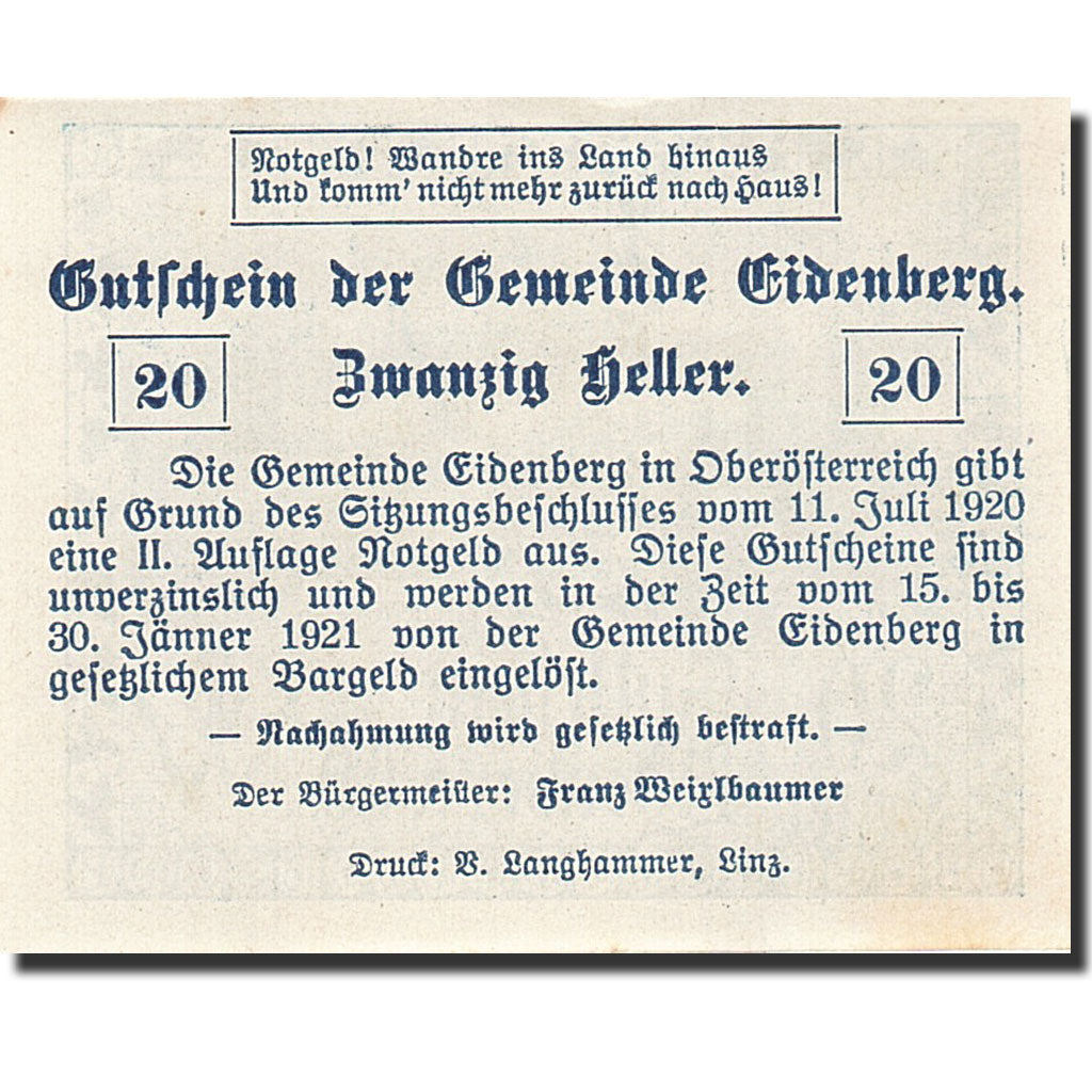 Banknote, Germany, Eidenberg, 20 Heller, paysage, 1921, 1921-01-30, UNC(63)