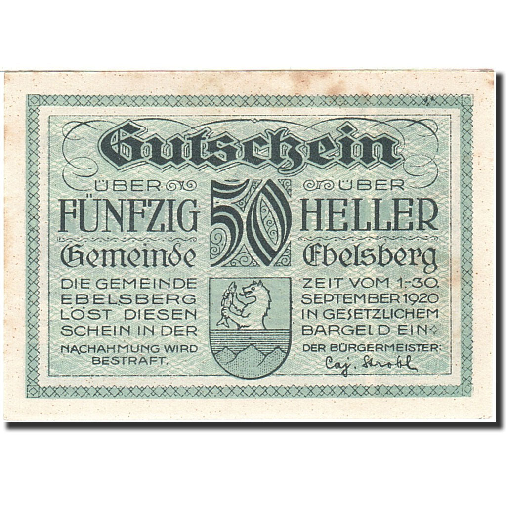 Banknote, Austria, Ebelsberg, 50 Heller, Blason, 1920, 1920-09-30, AU(55-58)