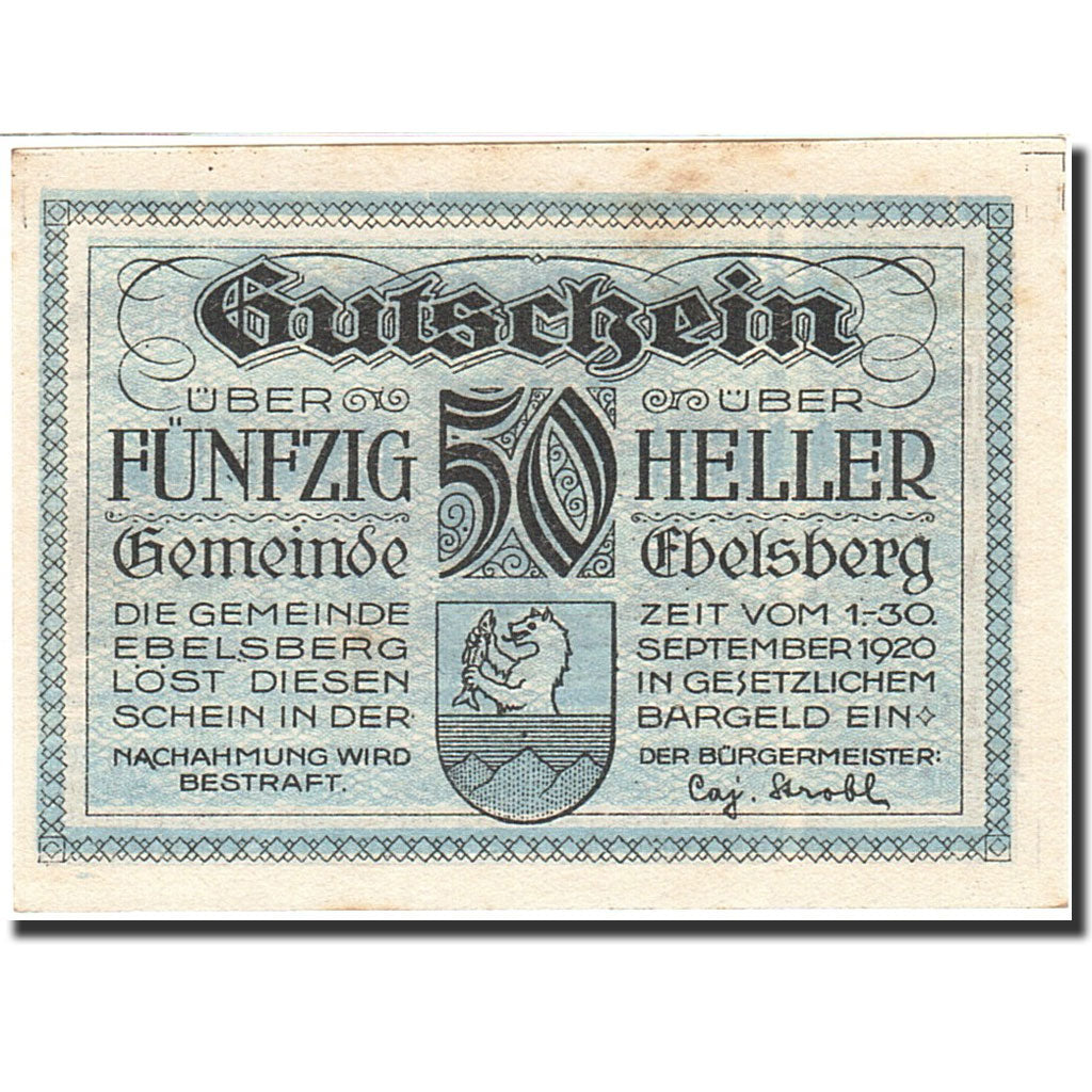 Banknote, Austria, Ebelsberg, 50 Heller, Blason, 1920, 1920-09-30, UNC(60-62)