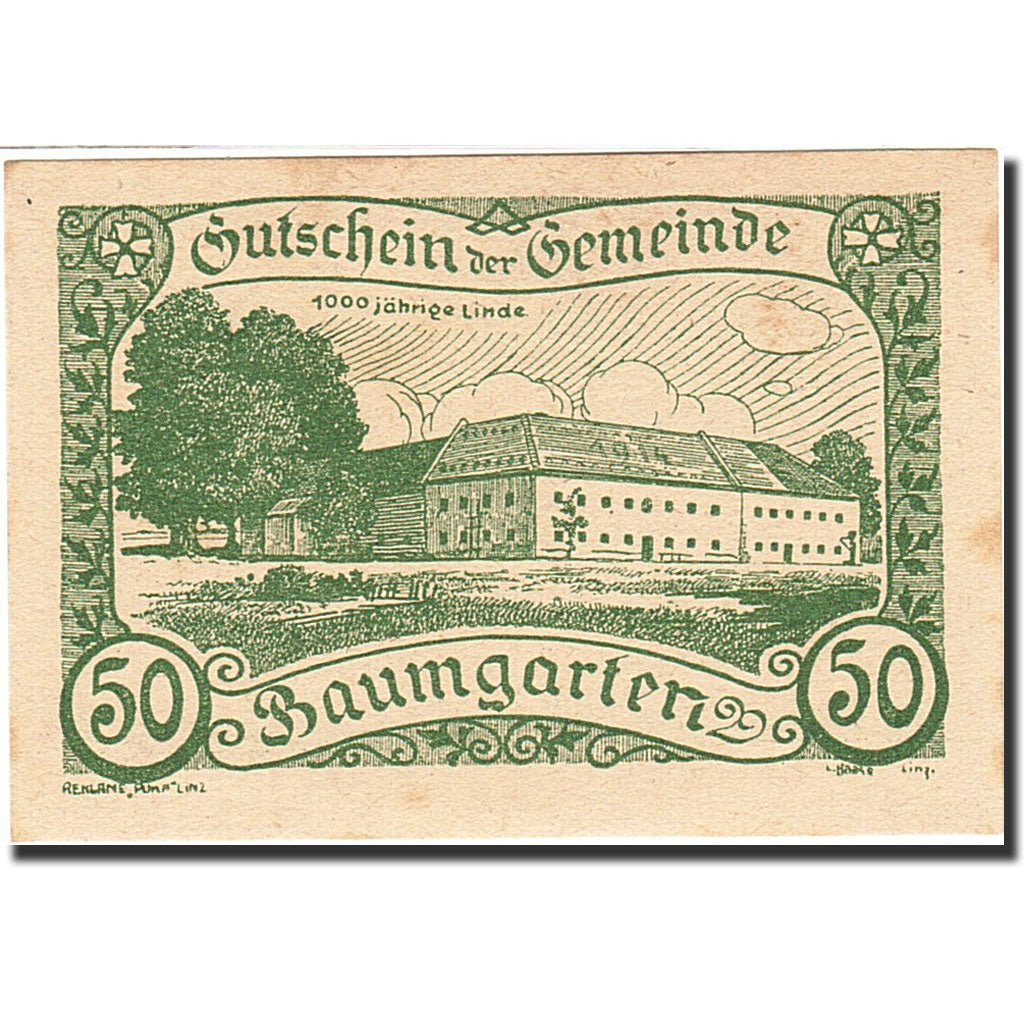 Banknote, Austria, Baumgarten, 50 Heller, ferme, 1921, 1921-02-28, UNC(63)