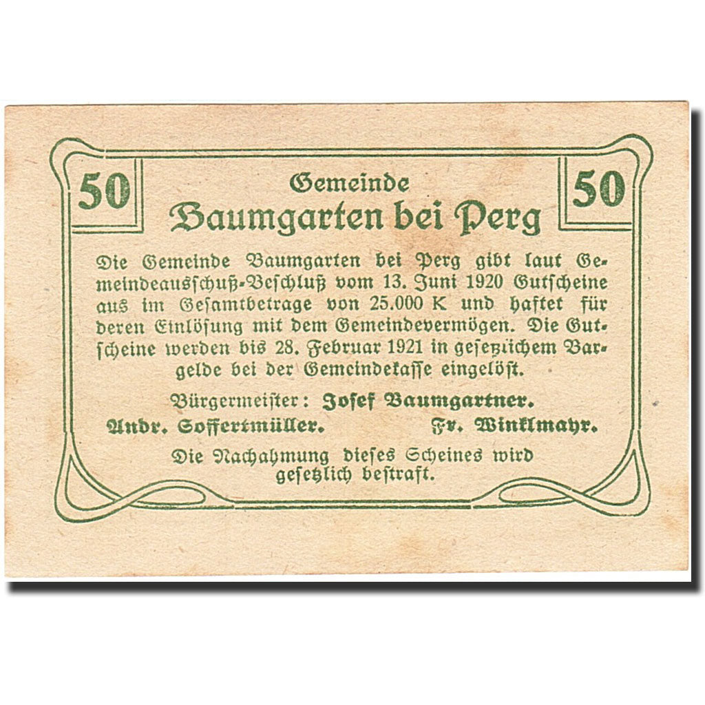 Banknote, Austria, Baumgarten, 50 Heller, ferme, 1921, 1921-02-28, UNC(63)