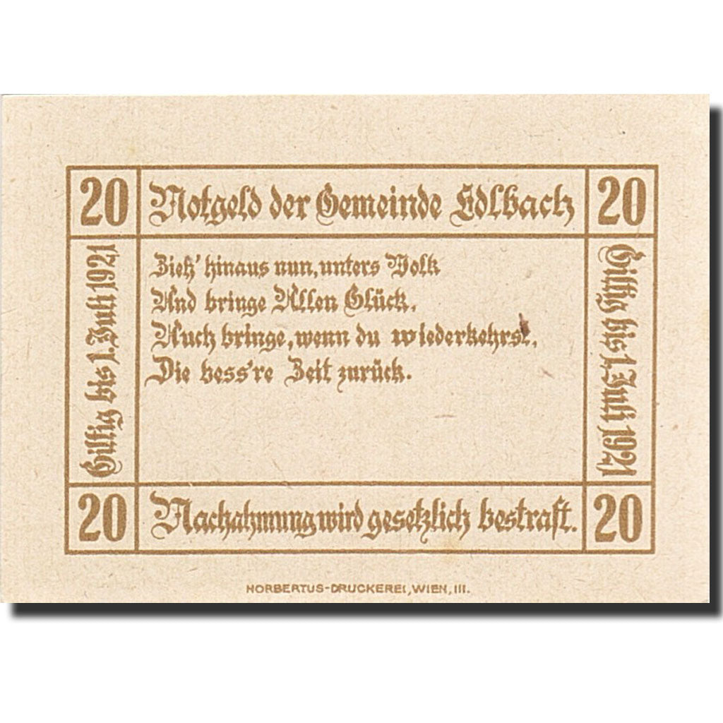 Banknote, Austria, Edelbach, 20 Heller, valeur faciale, 1921, 1921-07-01