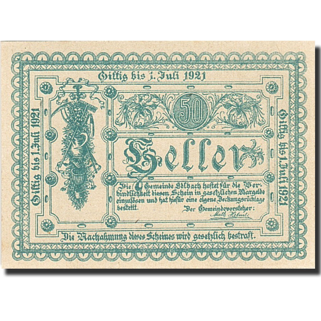 Banknote, Austria, Edelbach, 50 Heller, valeur faciale, 1921, 1921-07-01