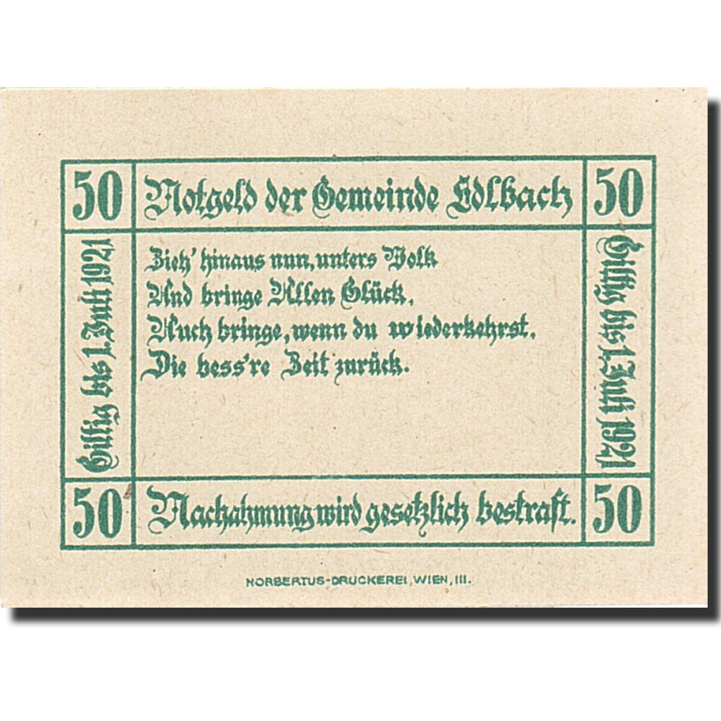 Banknote, Austria, Edelbach, 50 Heller, valeur faciale, 1921, 1921-07-01