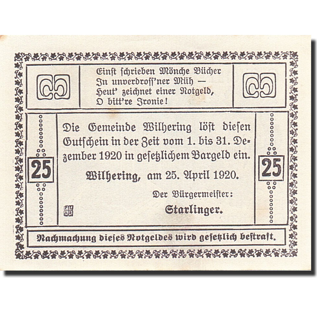 Banknote, Austria, Wilhering, 25 Heller, château, 1920, 1920-12-31, UNC(63)